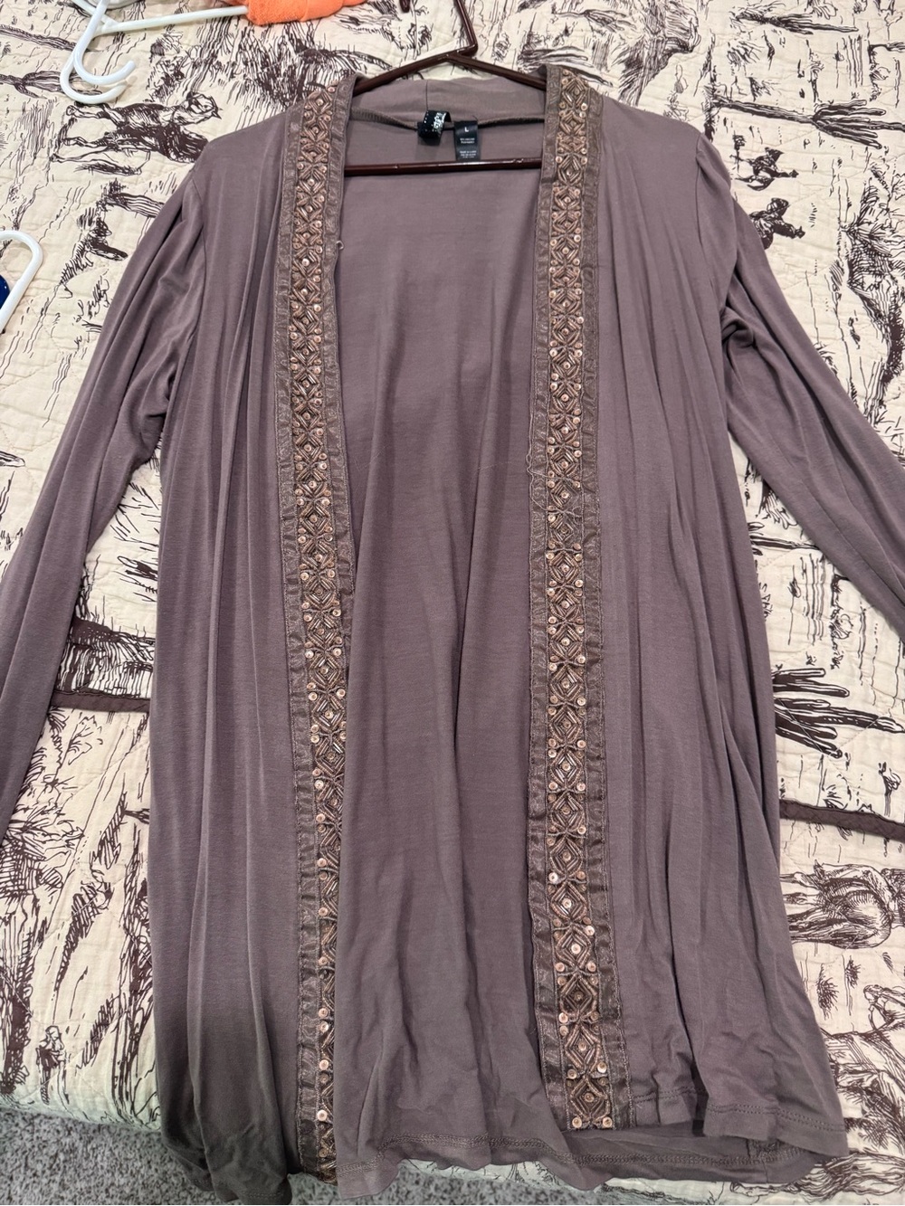 BKE Brown Embroidered Open-Front Cardigan